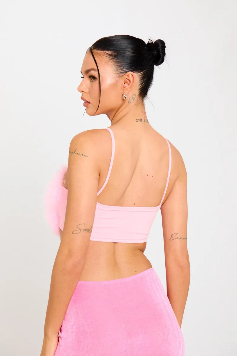 Pink Fluffy Faux Fur Spaghetti Strap Crop Top