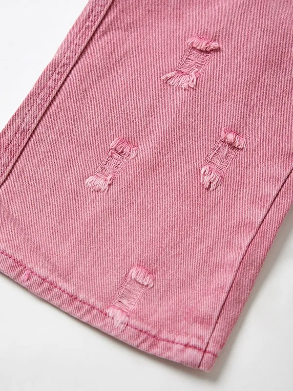 Pink Y2K Multi Pocket Ripped Cargo Jeans with Faded Effect