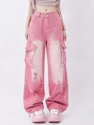Pink Y2K Multi Pocket Ripped Cargo Jeans with Faded Effect