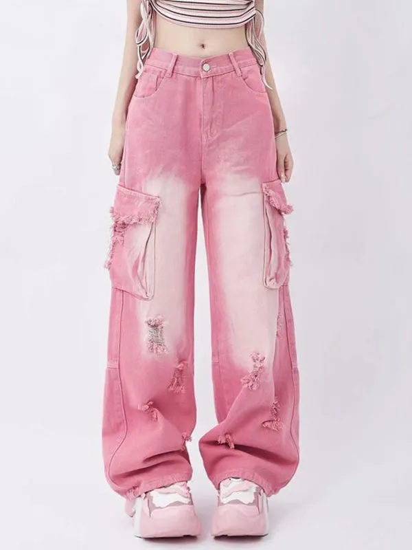 Pink Y2K Multi Pocket Ripped Cargo Jeans with Faded Effect