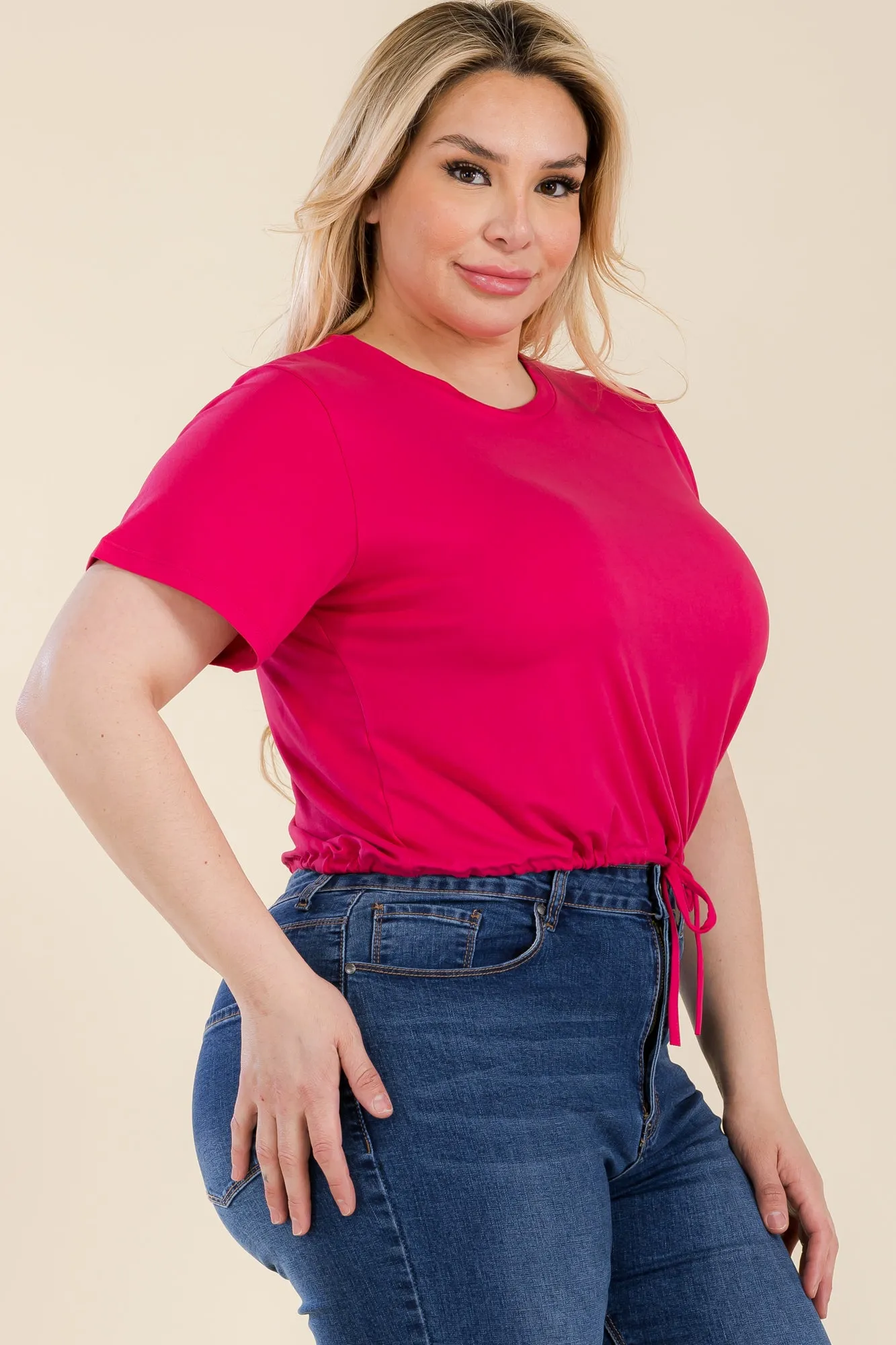 Plus Size Tie Front Drawstring Short Sleeve Crop Top