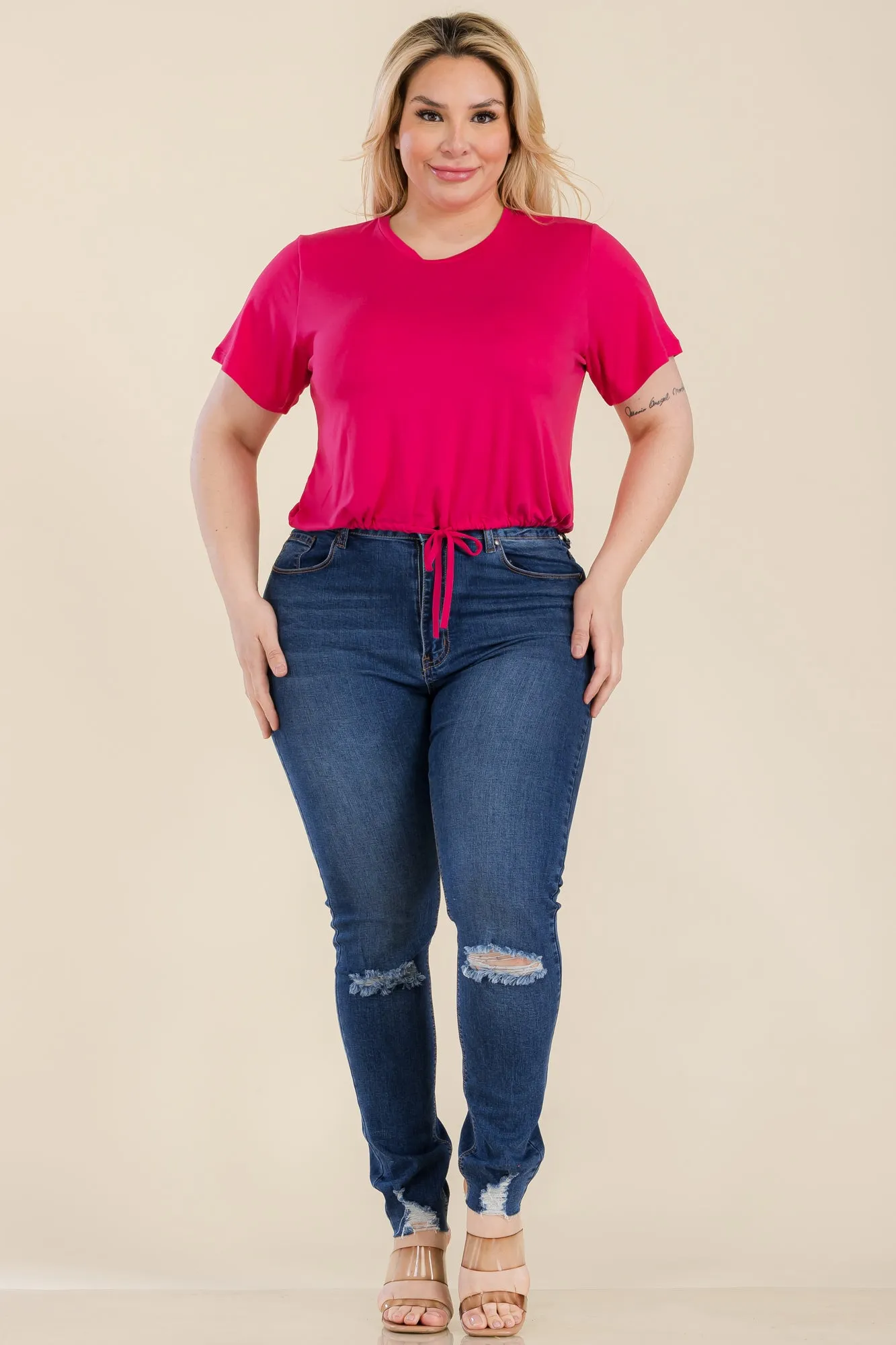 Plus Size Tie Front Drawstring Short Sleeve Crop Top