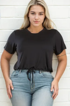 Plus Size Tie Front Drawstring Short Sleeve Crop Top
