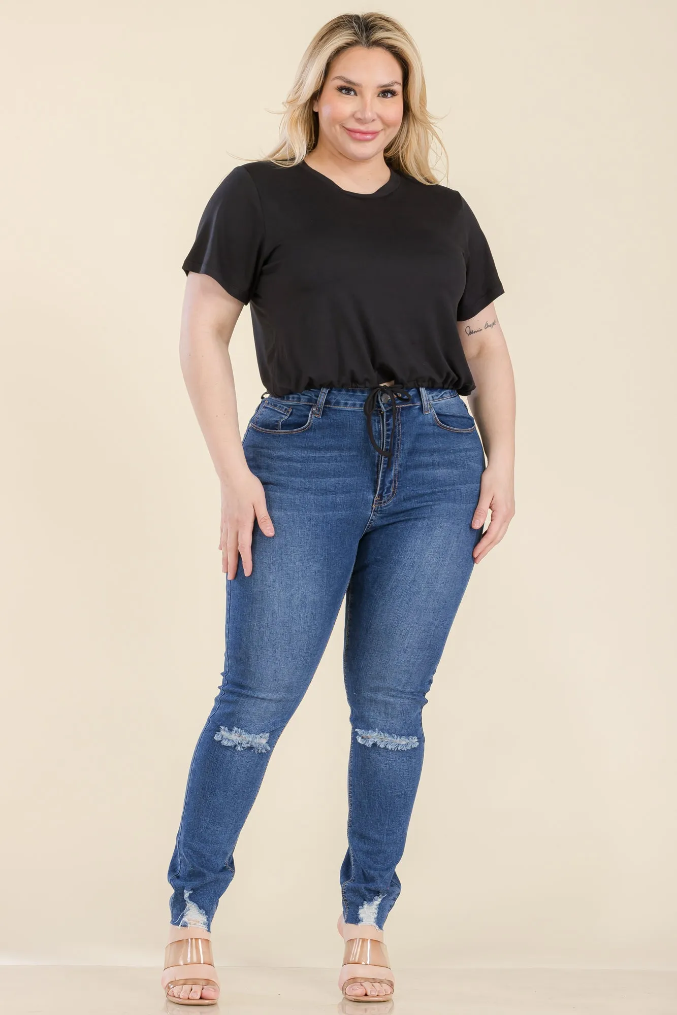 Plus Size Tie Front Drawstring Short Sleeve Crop Top