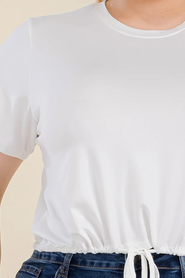 Plus Size Tie Front Drawstring Short Sleeve Crop Top