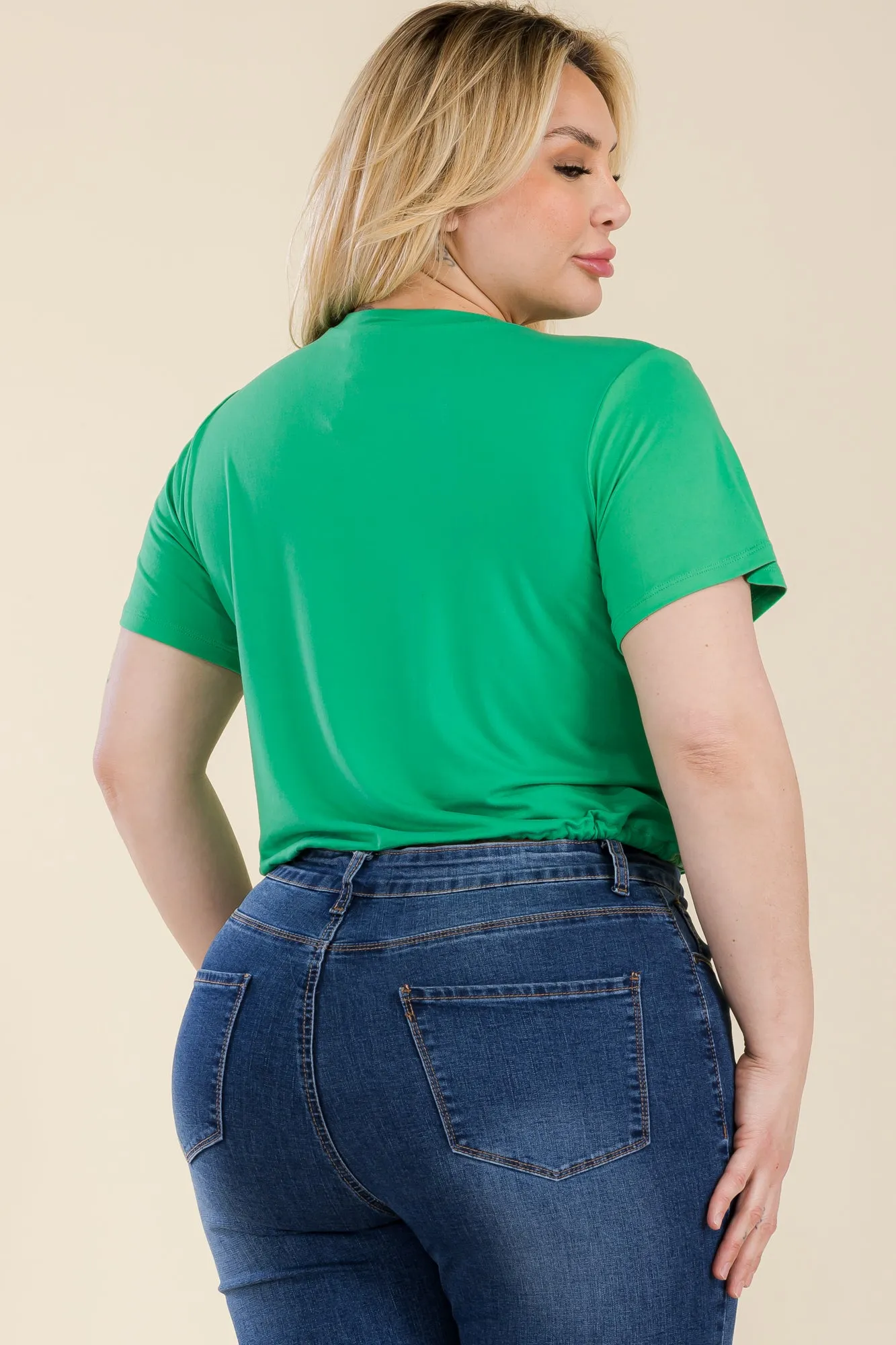 Plus Size Tie Front Drawstring Short Sleeve Crop Top
