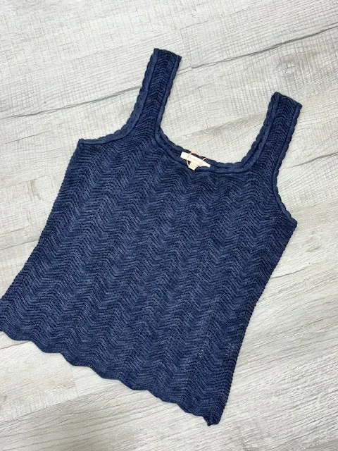 Pointelle Knit Tank Top-Navy