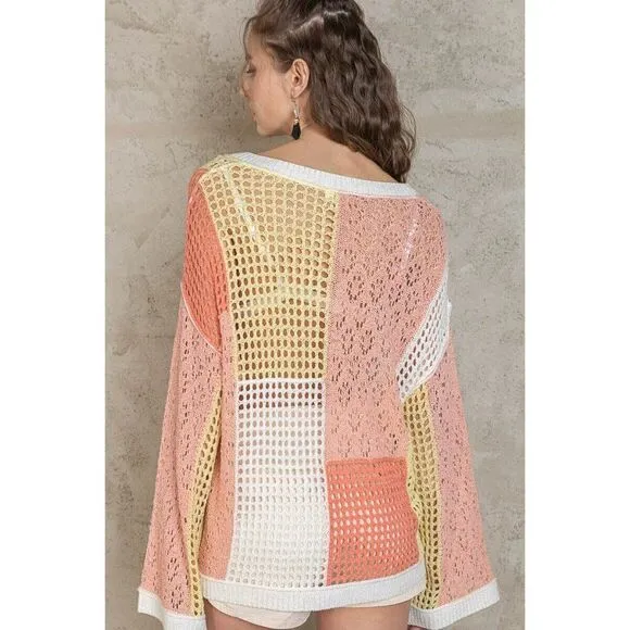 POL Peach Me Your Ways Color Block Crochet Top in Peach Multi UST35