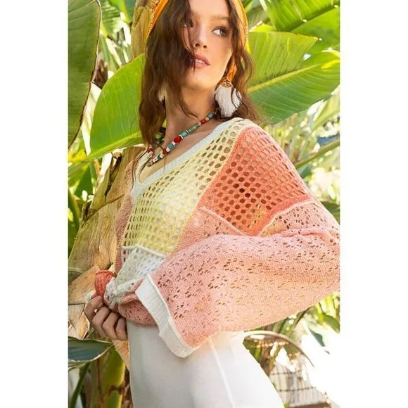 POL Peach Me Your Ways Color Block Crochet Top in Peach Multi UST35