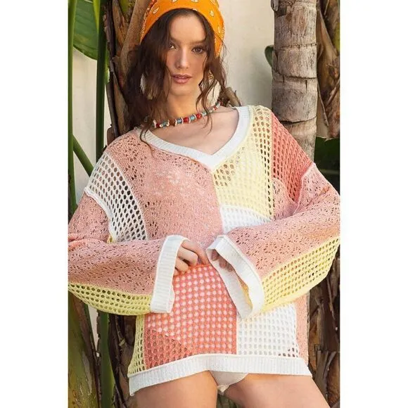 POL Peach Me Your Ways Color Block Crochet Top in Peach Multi UST35