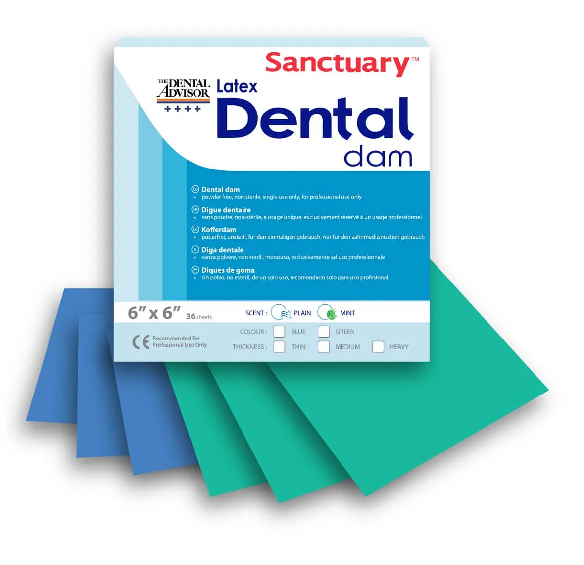 Powder-Free Latex Blue Dental Dam 6'' x 6'' 36 Sheets Unscented
