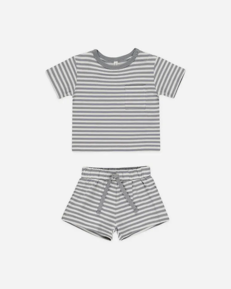 Quincy Mae Pocket Tee & Short Set - Blue Stripe