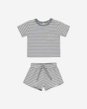 Quincy Mae Pocket Tee & Short Set - Blue Stripe