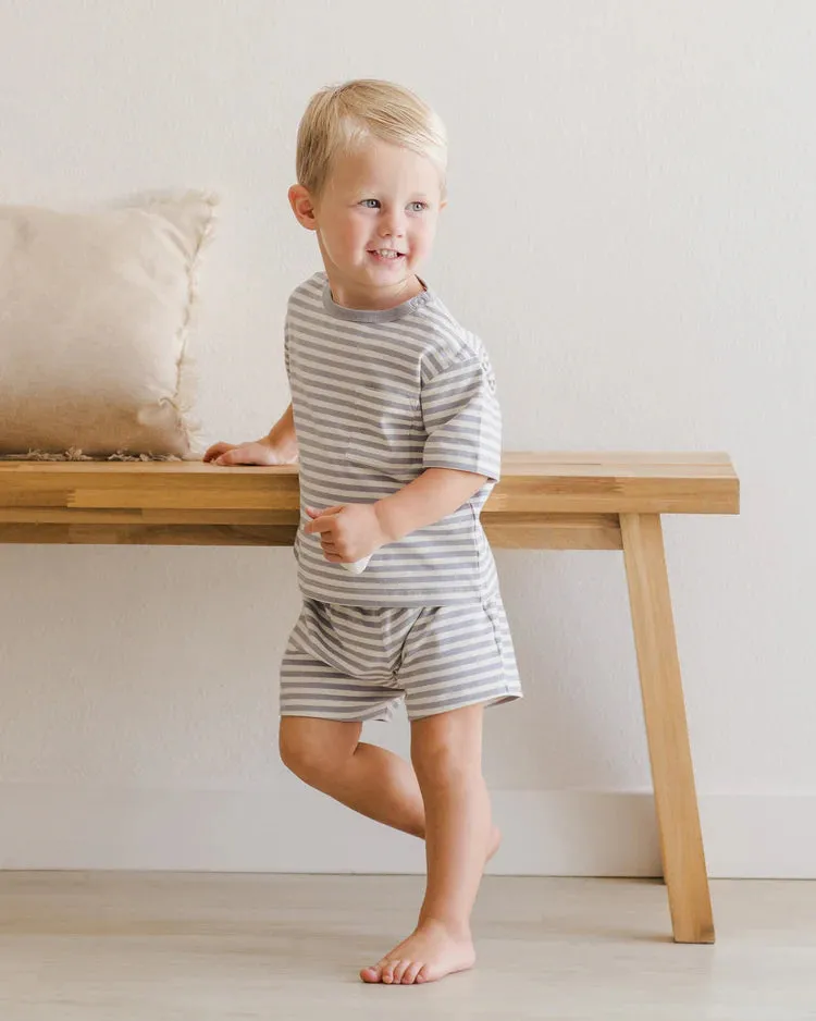 Quincy Mae Pocket Tee & Short Set - Blue Stripe