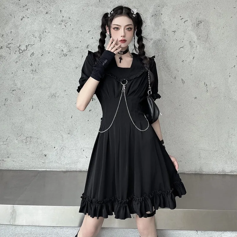 "DARK CHAIN RUFFLES PUFF SLEEVE" DRESS N053101