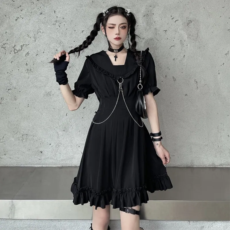 "DARK CHAIN RUFFLES PUFF SLEEVE" DRESS N053101