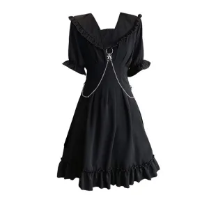 "DARK CHAIN RUFFLES PUFF SLEEVE" DRESS N053101