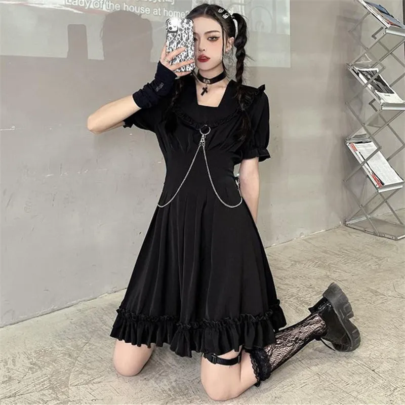"DARK CHAIN RUFFLES PUFF SLEEVE" DRESS N053101