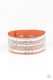 "Rebel Radiance" Orange Leather Clear Rhinestone Snap Band Bracelet
