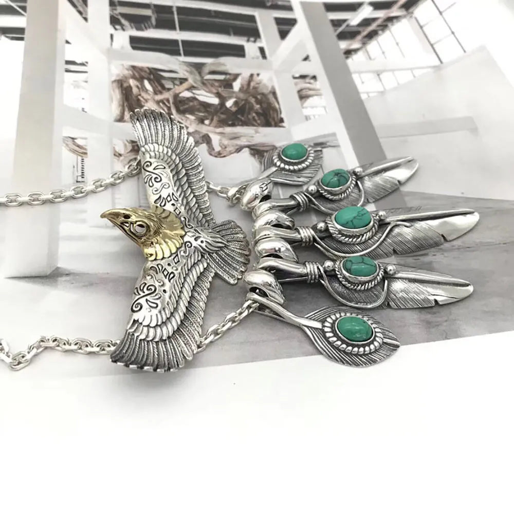 Real Solid 925 Sterling Silver Turquoise Necklace Pendant Animals Eagle Feather Punk Hip Hop Jewelry 22"-30"