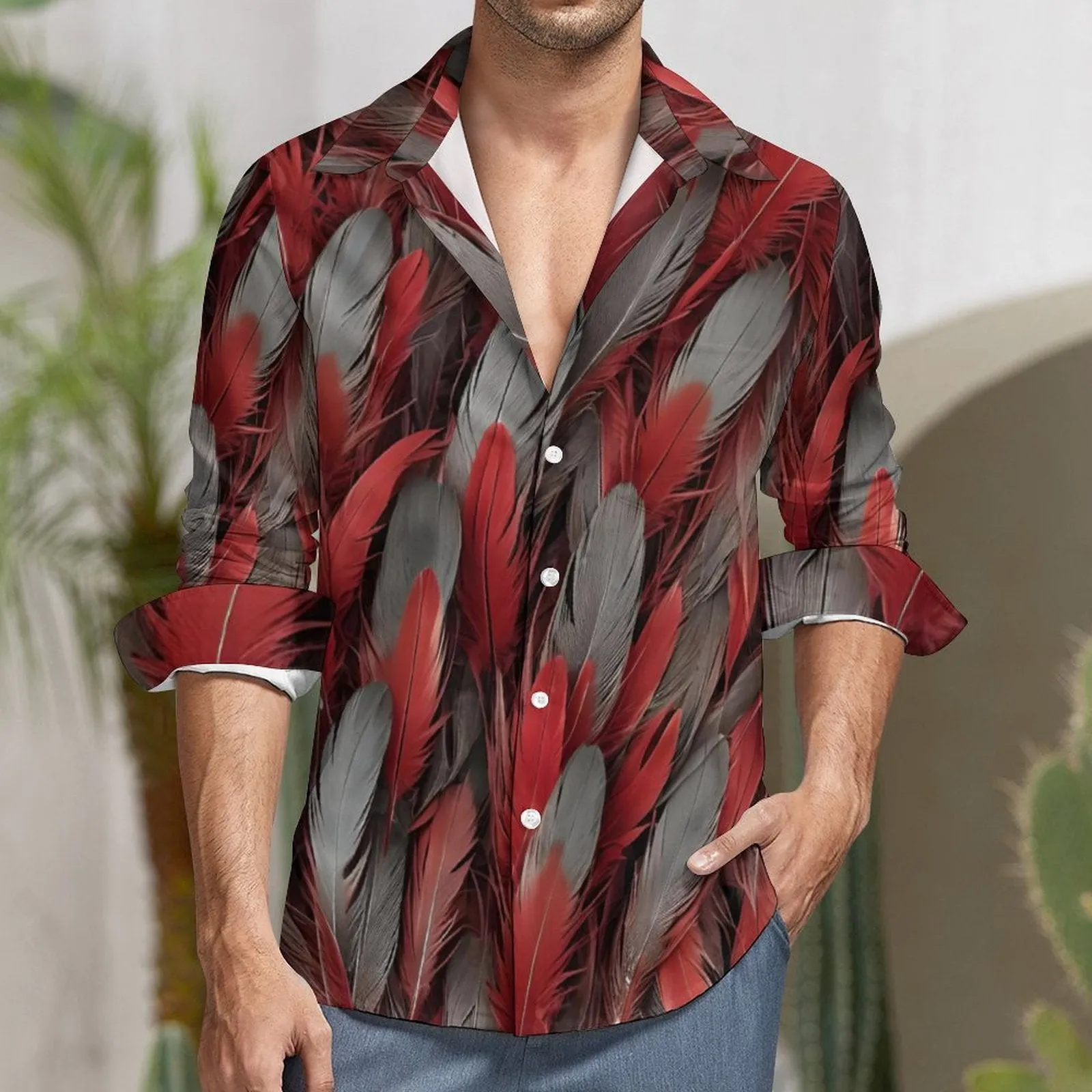 Red and Grey Feather on Men Long Sleeve Shirt
