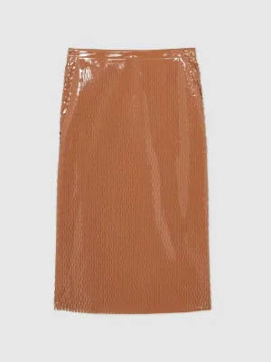 Reiss Atelier Laser-Cut Pencil Skirt in Tan