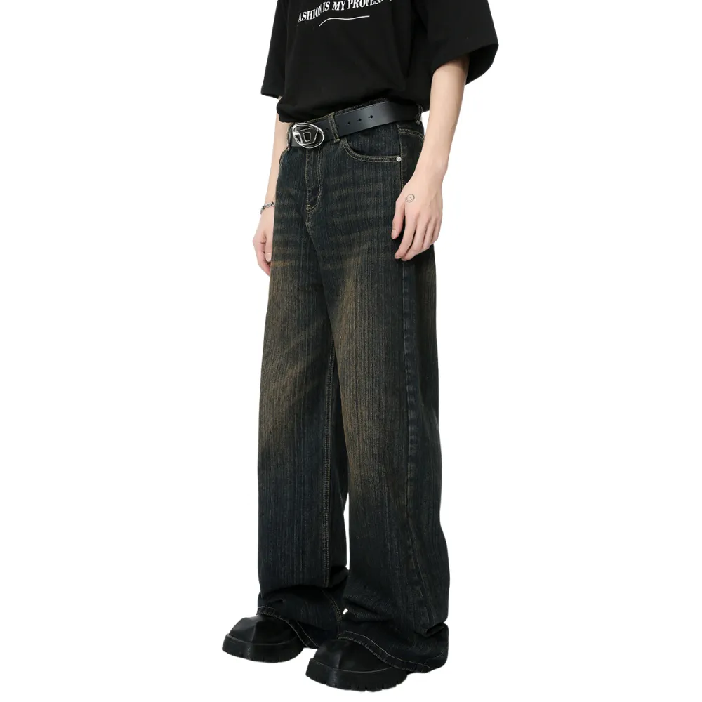 Retro Heavy Industry Slub Pattern Washed Jeans
