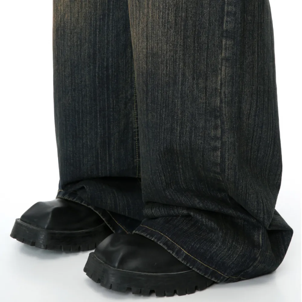 Retro Heavy Industry Slub Pattern Washed Jeans