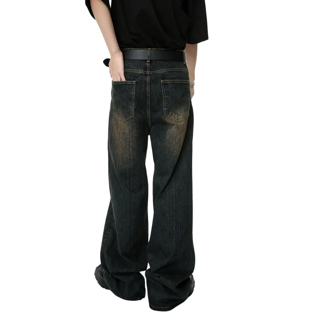 Retro Heavy Industry Slub Pattern Washed Jeans