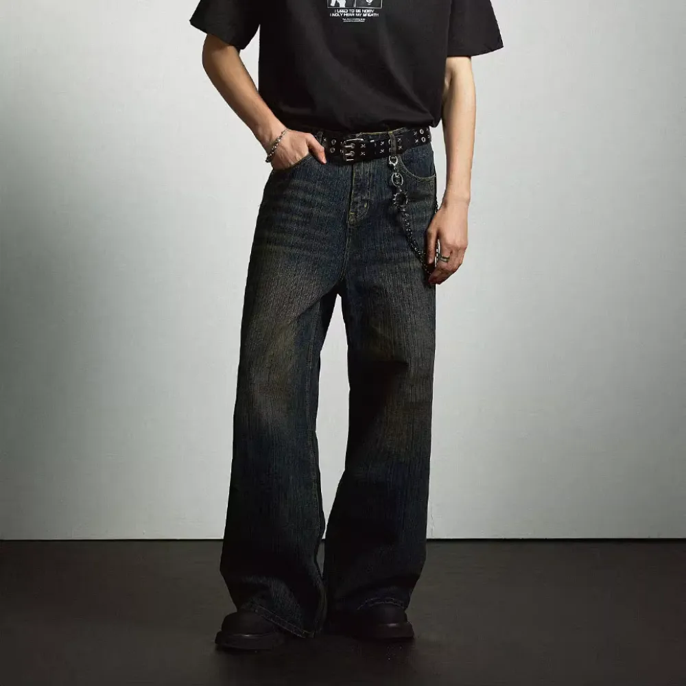 Retro Heavy Industry Slub Pattern Washed Jeans