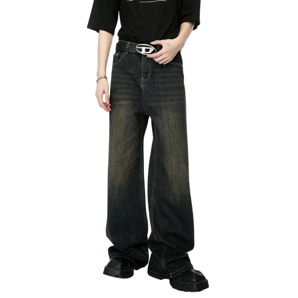 Retro Heavy Industry Slub Pattern Washed Jeans