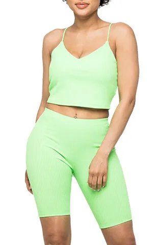 RIB V NECK CROP TANK &BIKER SET(ST659) <Bundle>
