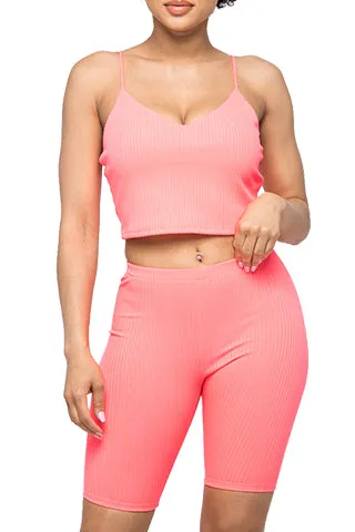 RIB V NECK CROP TANK &BIKER SET(ST659) <Bundle>