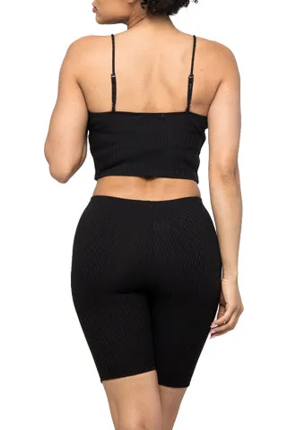 RIB V NECK CROP TANK &BIKER SET(ST659) <Bundle>
