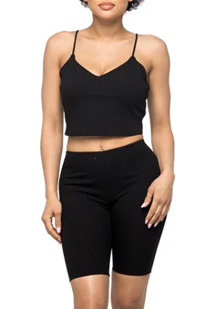 RIB V NECK CROP TANK &BIKER SET(ST659) <Bundle>