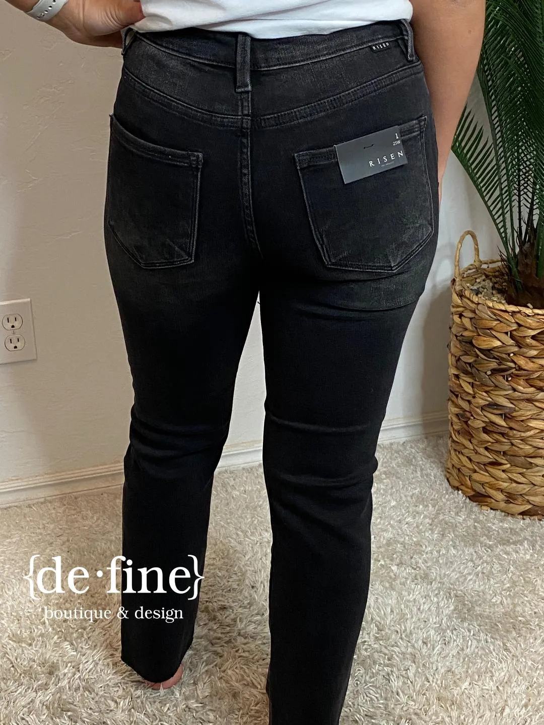 Risen Black Washed Mid Rise Raw Hem Straight Jeans in Regular & Curvy