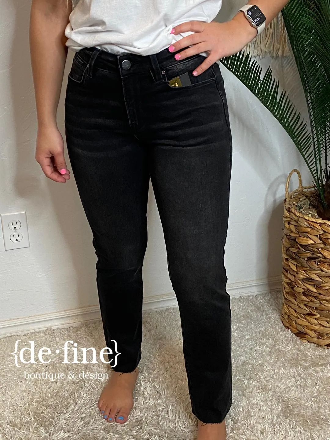 Risen Black Washed Mid Rise Raw Hem Straight Jeans in Regular & Curvy