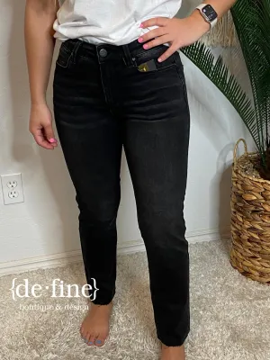 Risen Black Washed Mid Rise Raw Hem Straight Jeans in Regular & Curvy