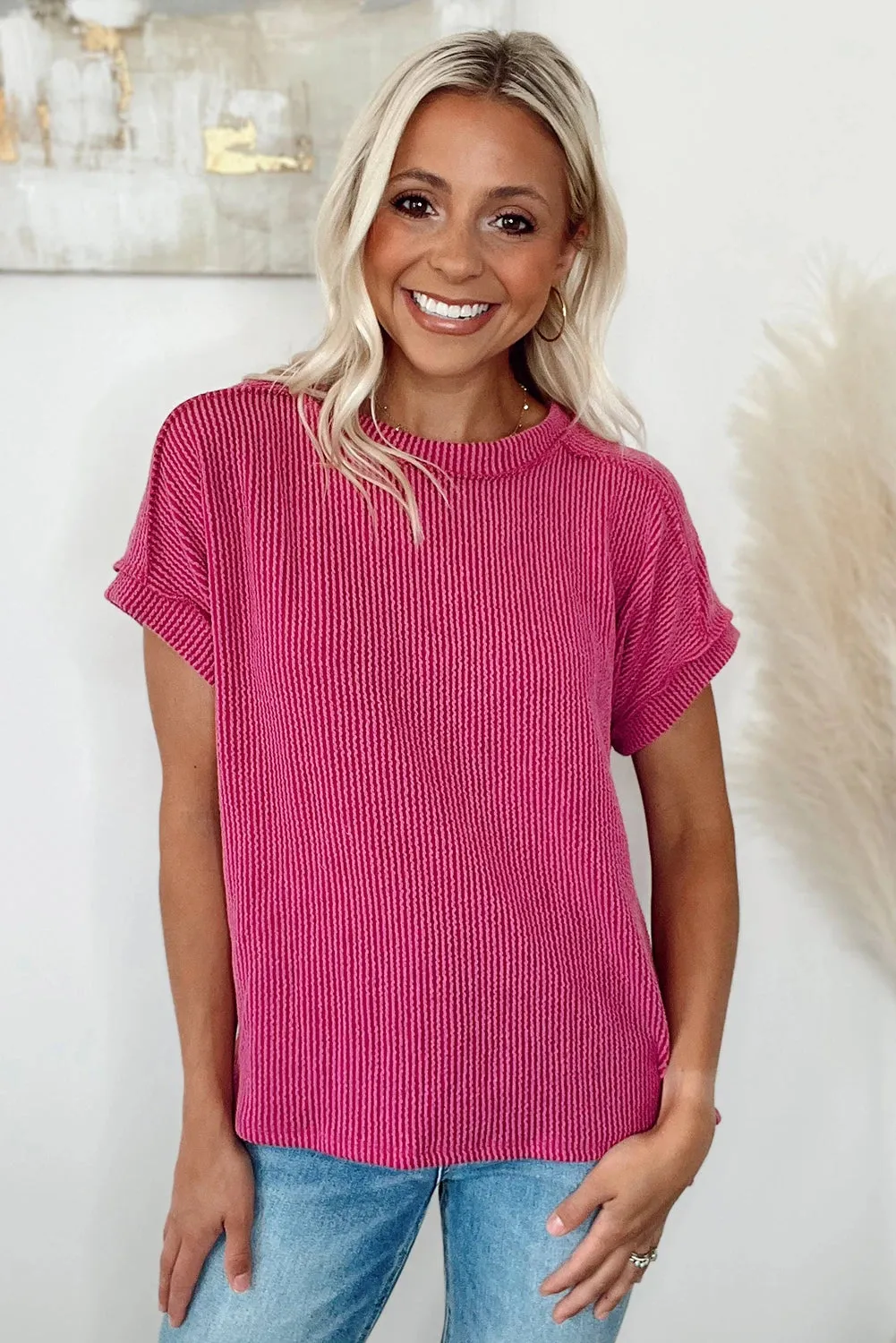 Rose Red Crinkle Rib Textured Knit Round Neck Top