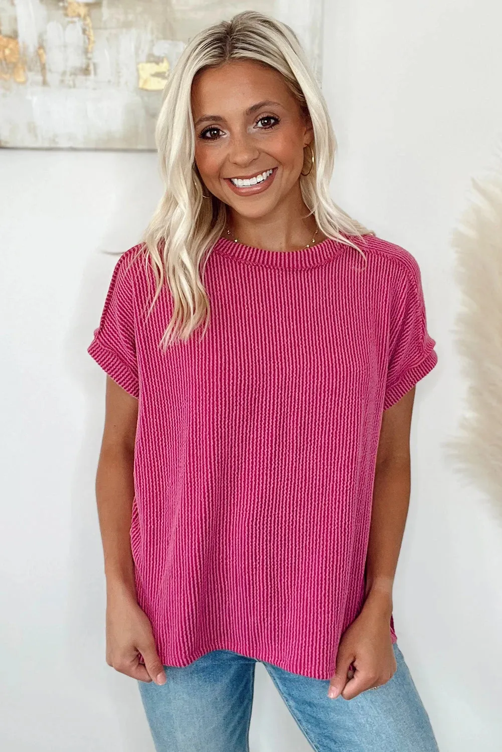 Rose Red Crinkle Rib Textured Knit Round Neck Top
