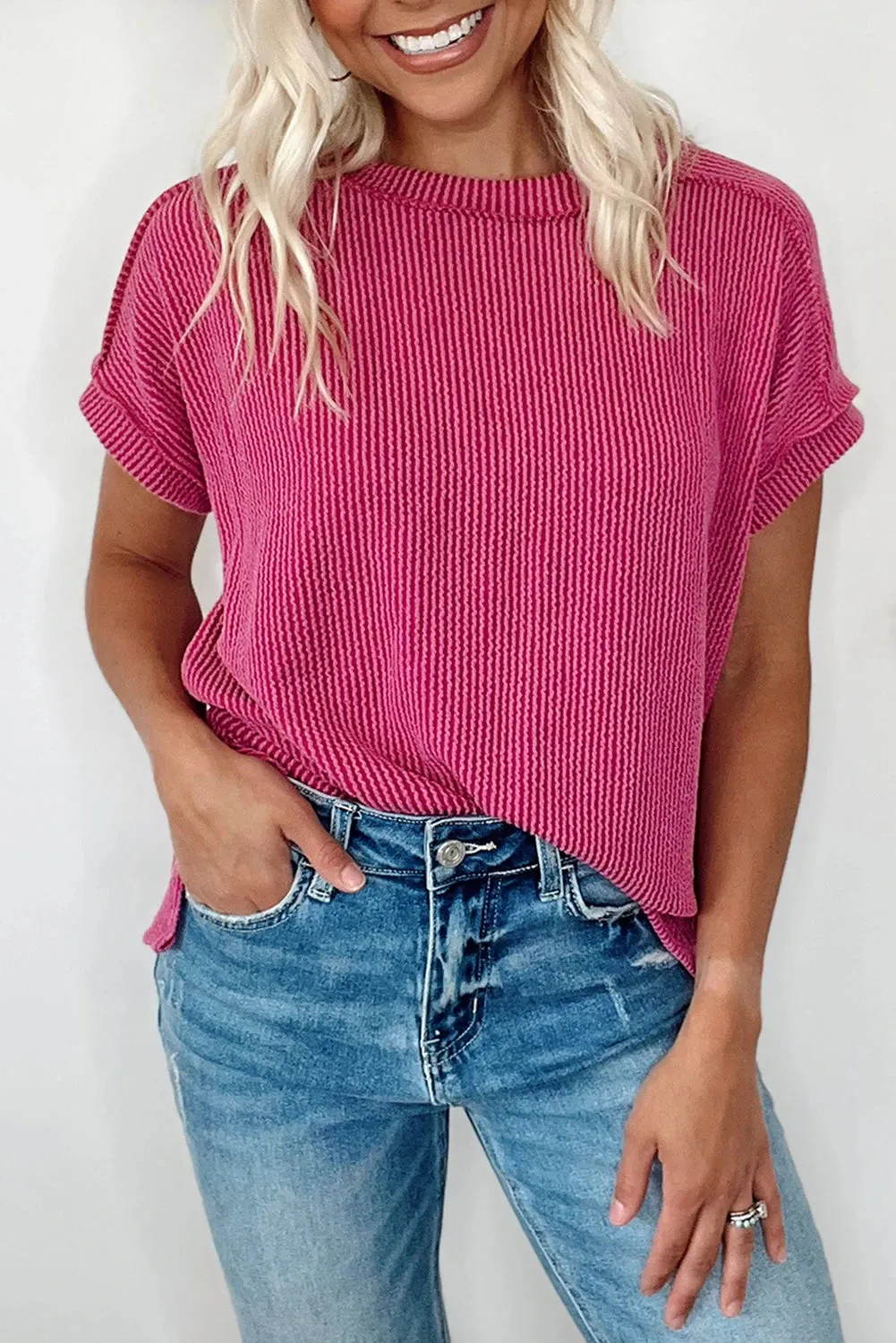 Rose Red Crinkle Rib Textured Knit Round Neck Top