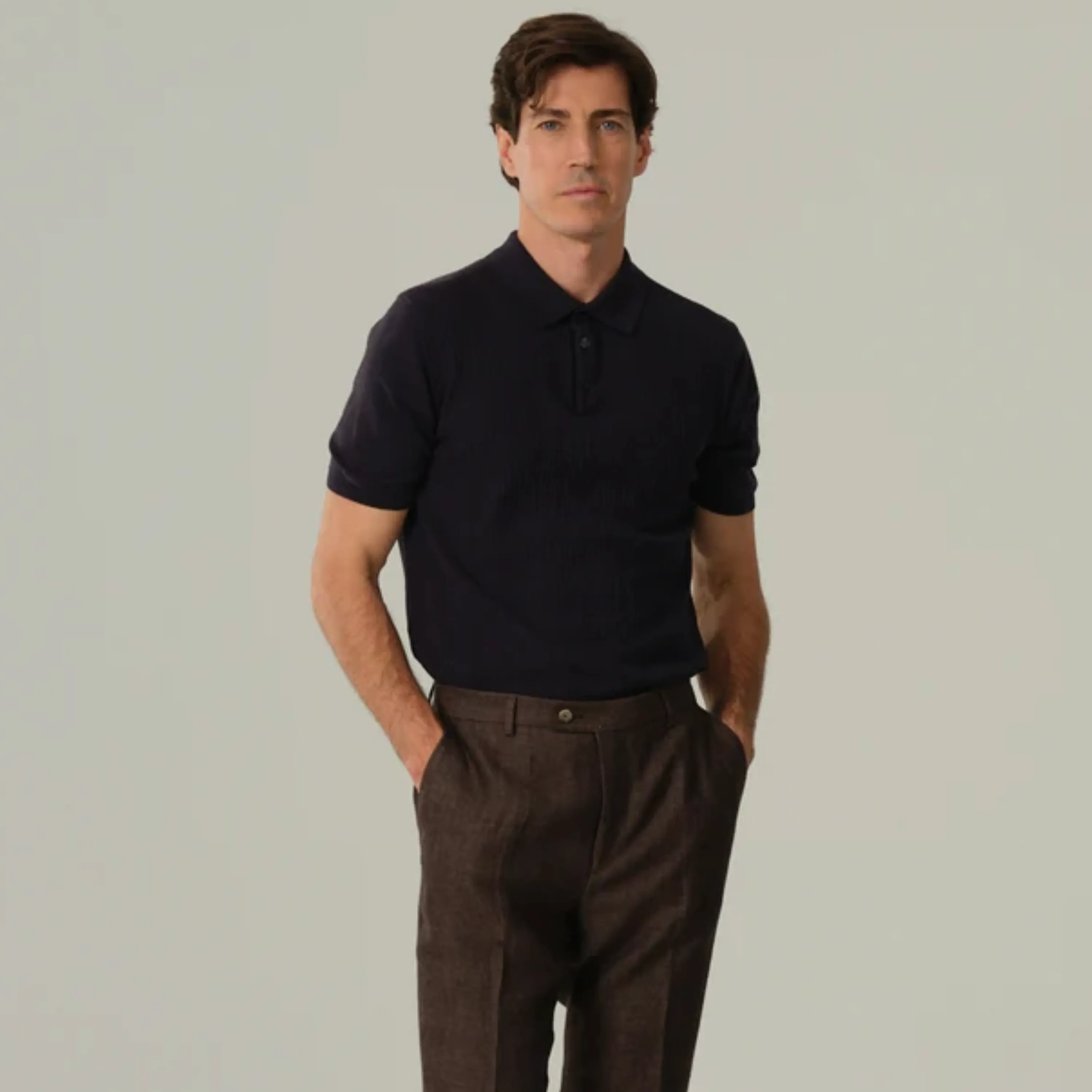Sand Retro Cotton Knitted Polo Shirt - Navy