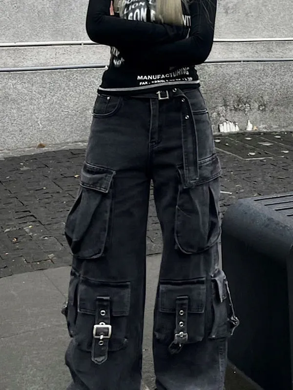 Schwarze Vintage Multi Taschen Cargo Jeans