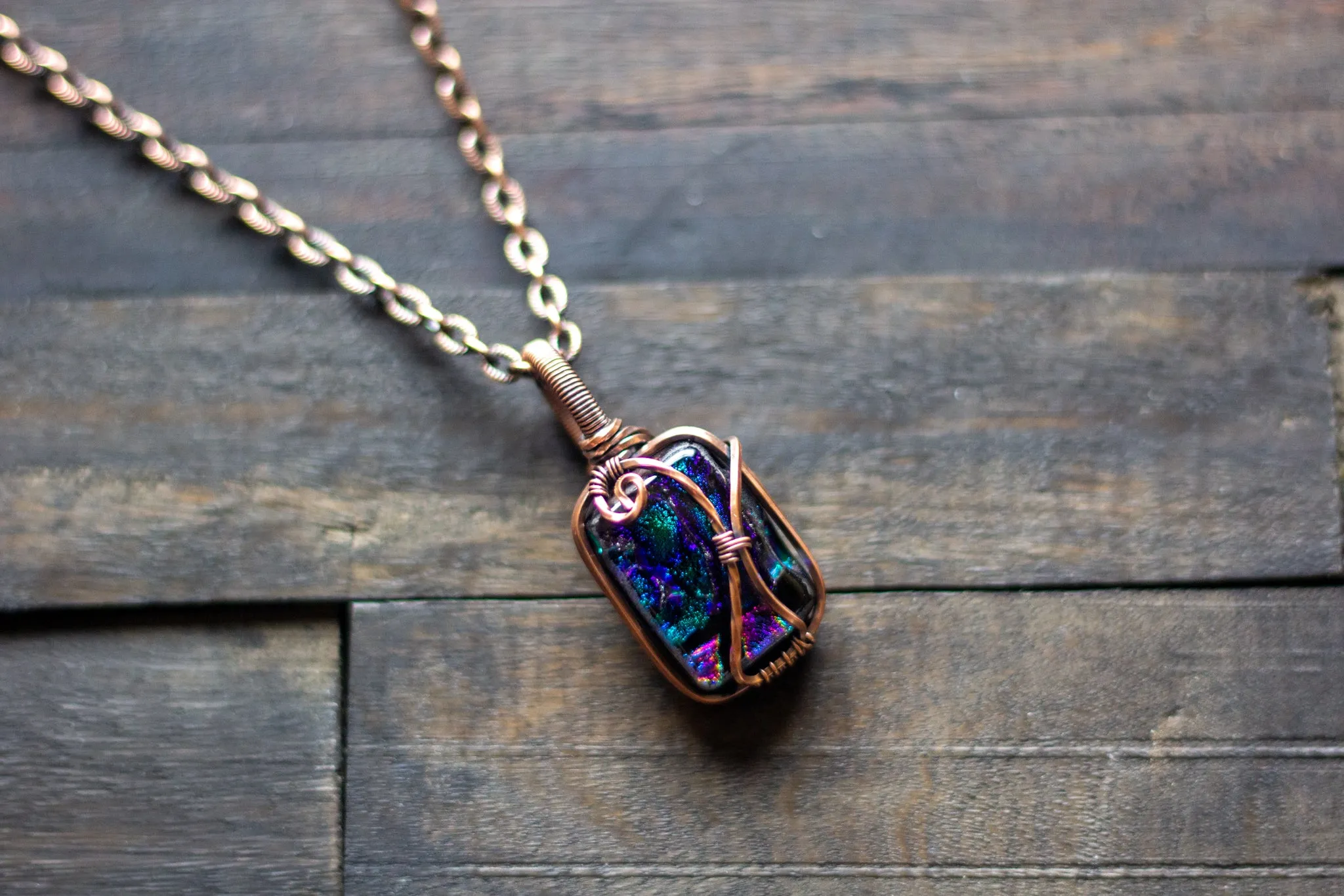 Shades of Green and Purple Dichroic Glass Pendant with Copper Wire Wrapping