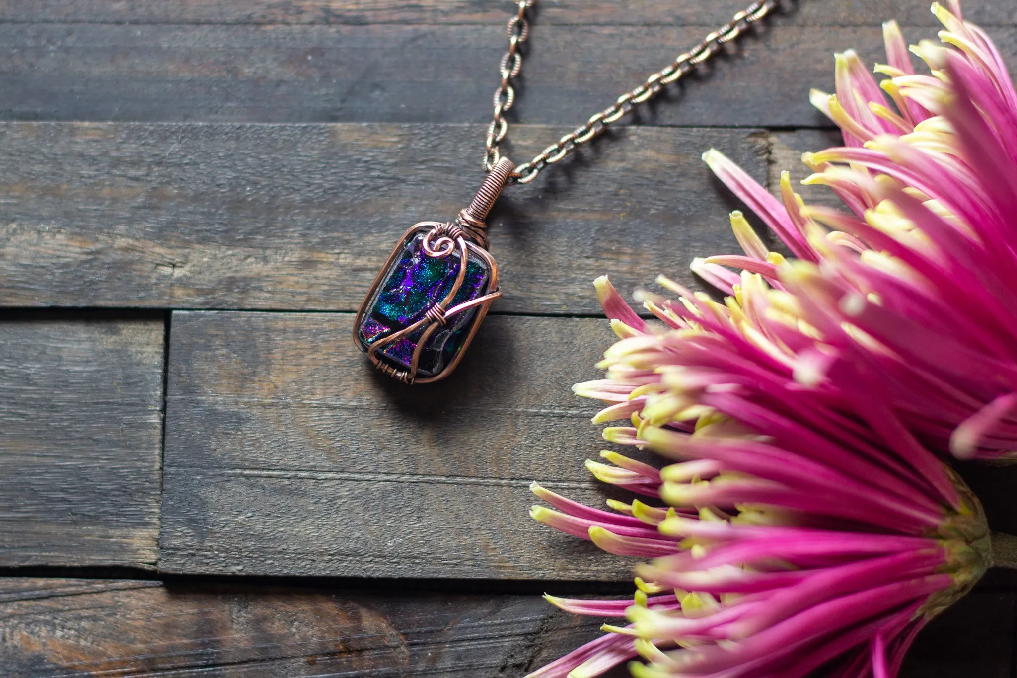 Shades of Green and Purple Dichroic Glass Pendant with Copper Wire Wrapping