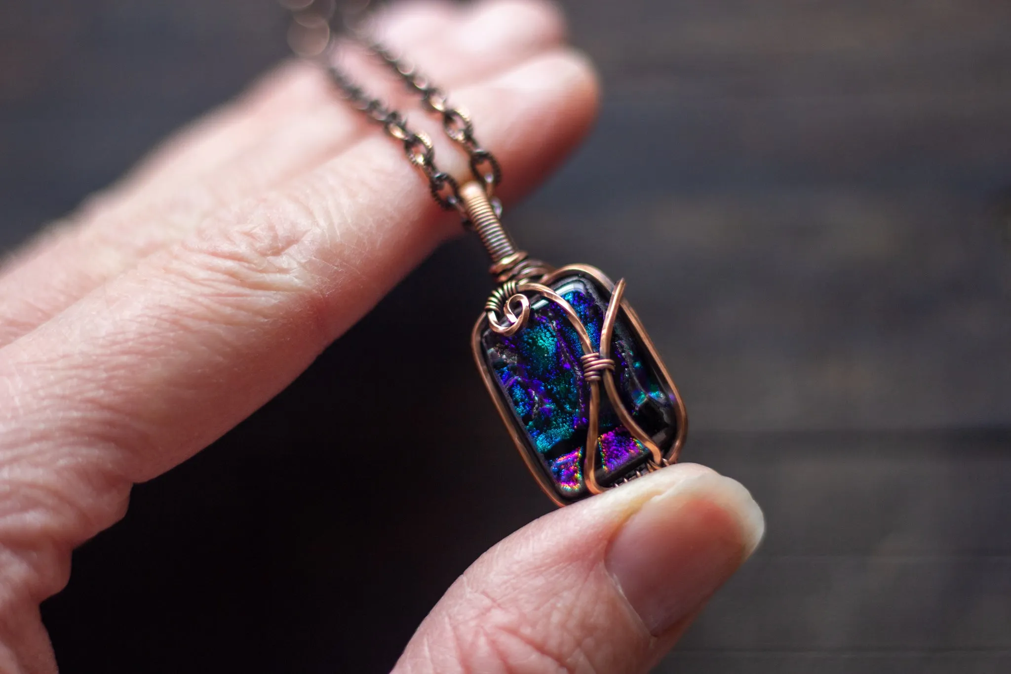 Shades of Green and Purple Dichroic Glass Pendant with Copper Wire Wrapping