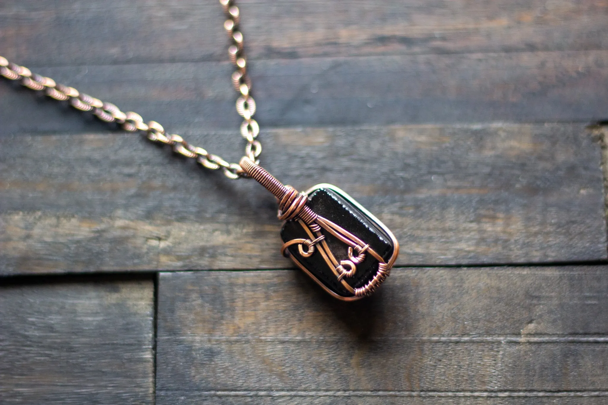 Shades of Green and Purple Dichroic Glass Pendant with Copper Wire Wrapping