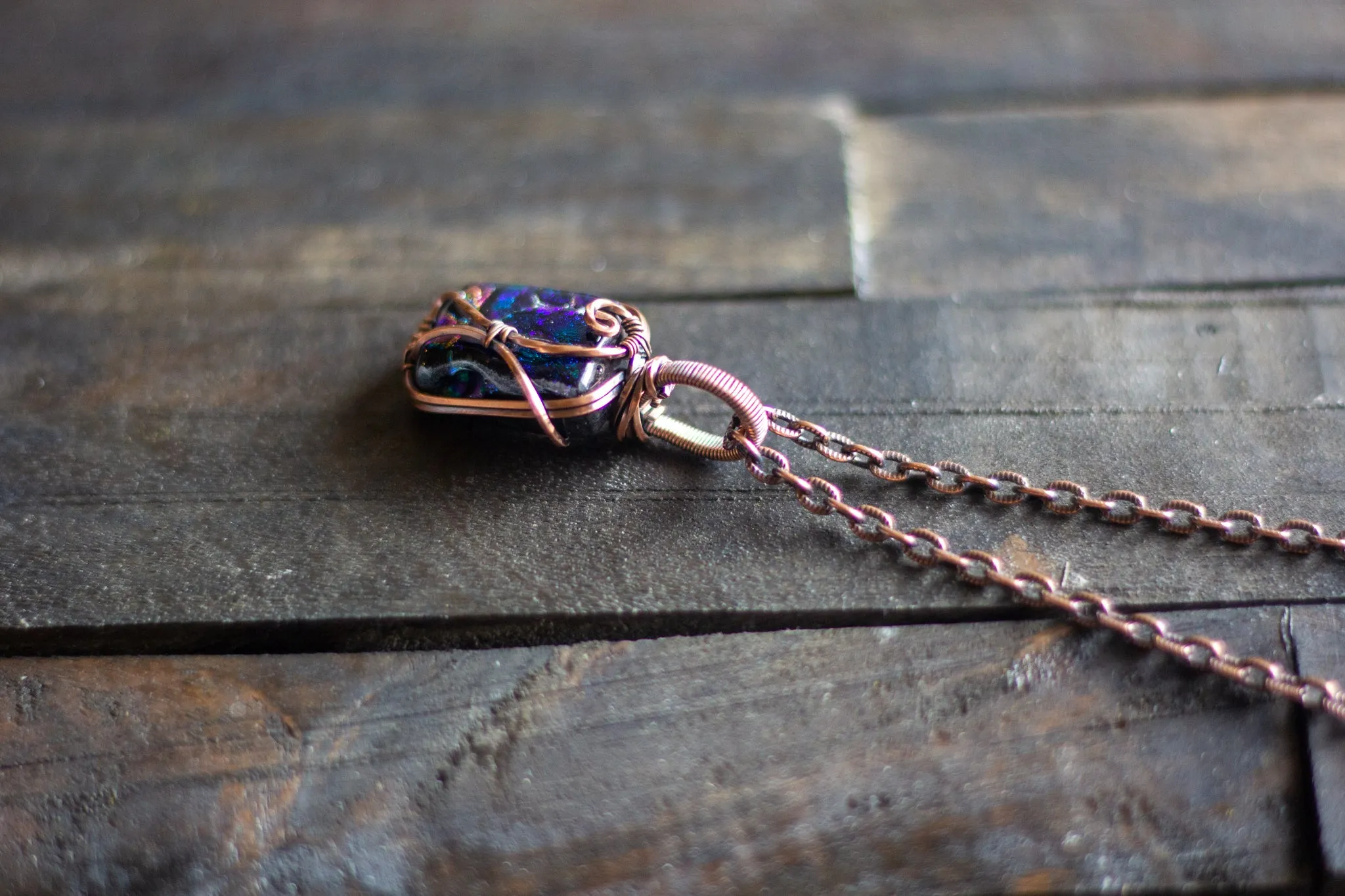 Shades of Green and Purple Dichroic Glass Pendant with Copper Wire Wrapping