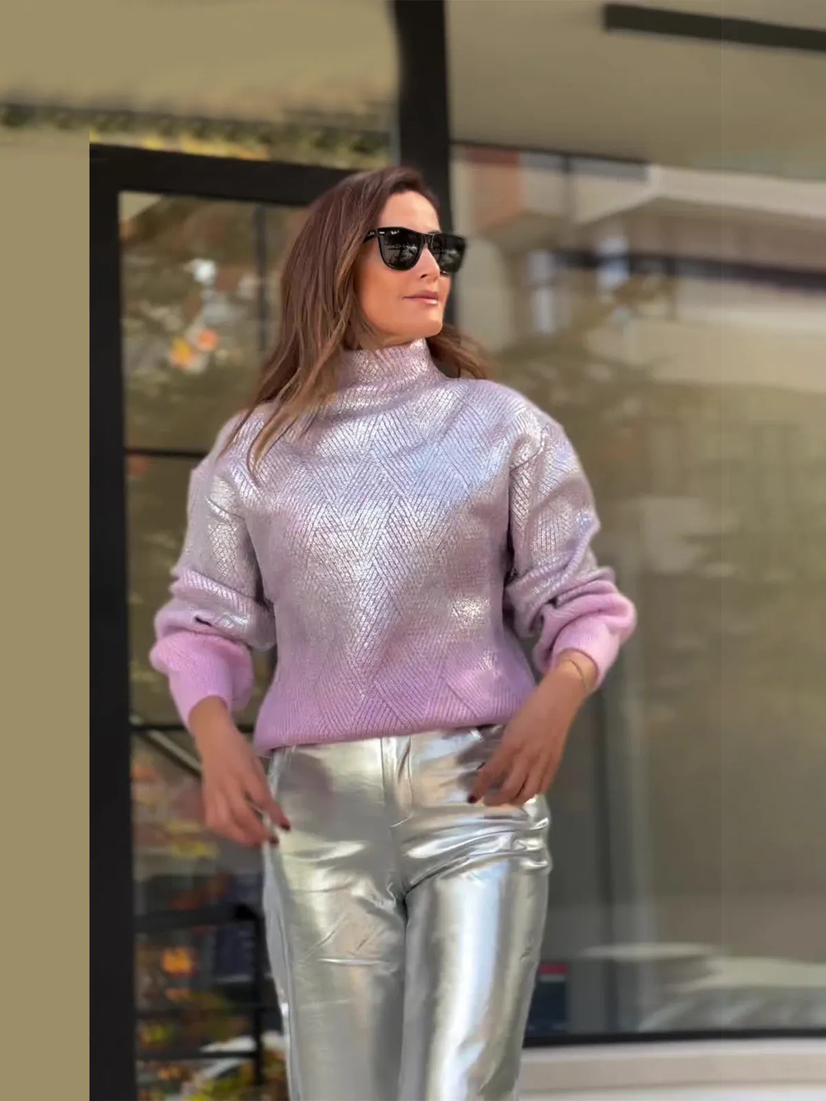 Shimmering High-Neck Plaid Knit Pullover for Chic Everyday Style
