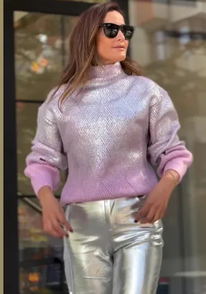 Shimmering High-Neck Plaid Knit Pullover for Chic Everyday Style